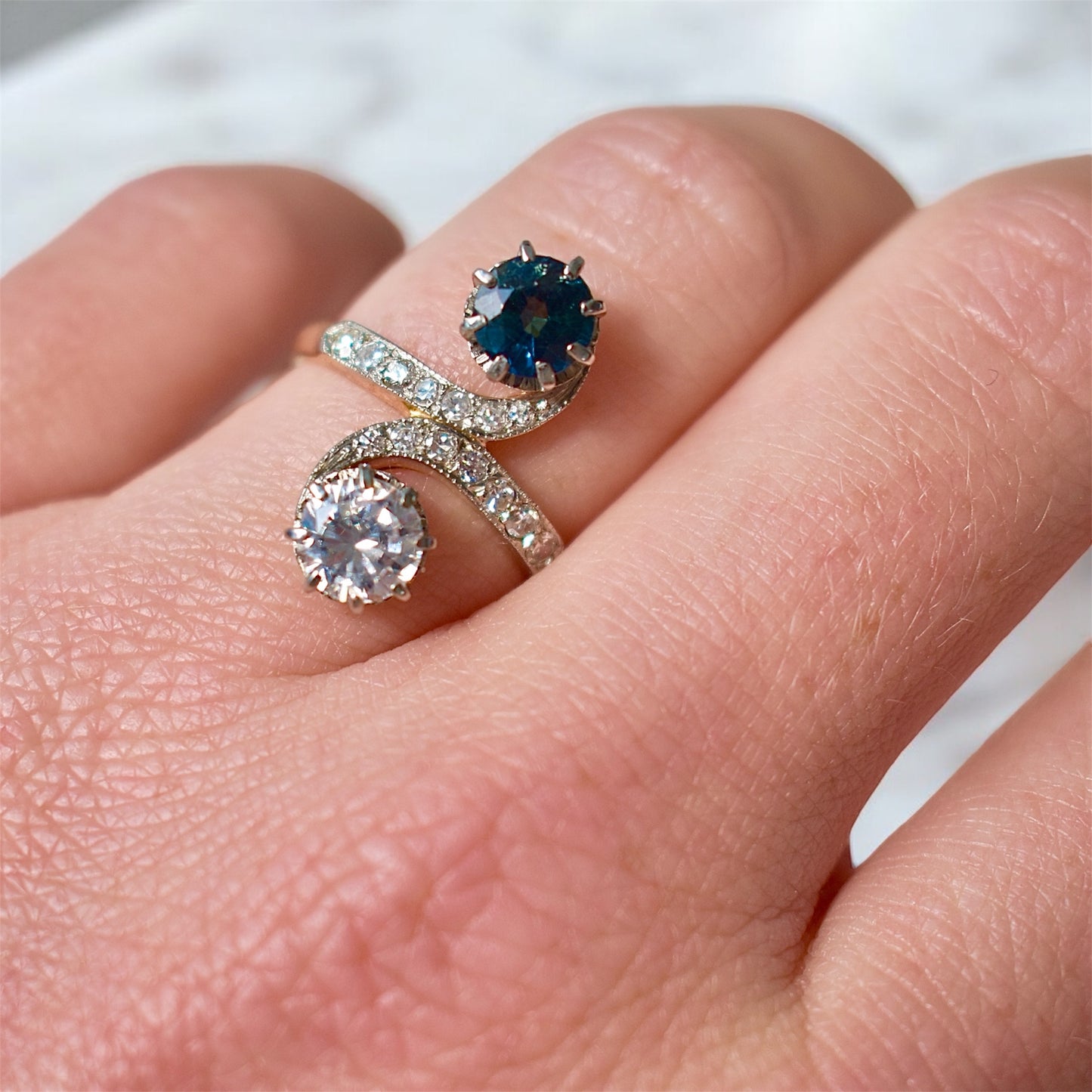 bague toi et moi diamants et saphir, belle époque -