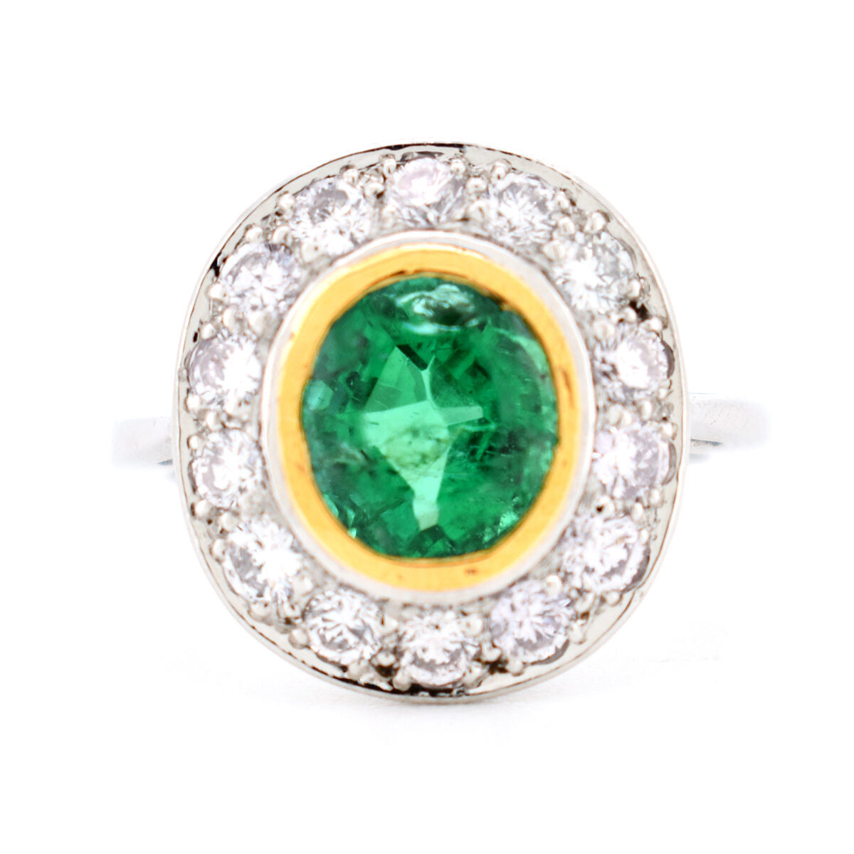 bague halo Art Déco or 18 carats émeraude naturelle et diamants, de face