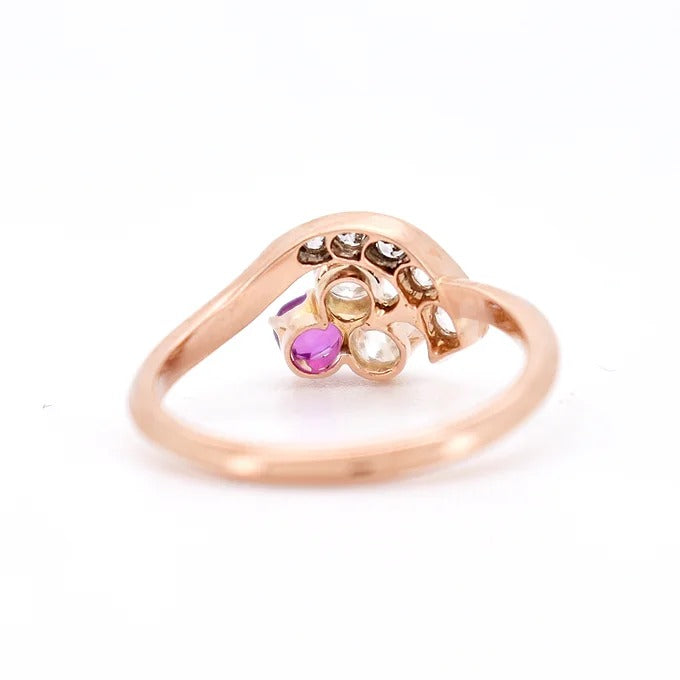 bague trilogie trèfle, belle époque, rubis diamants