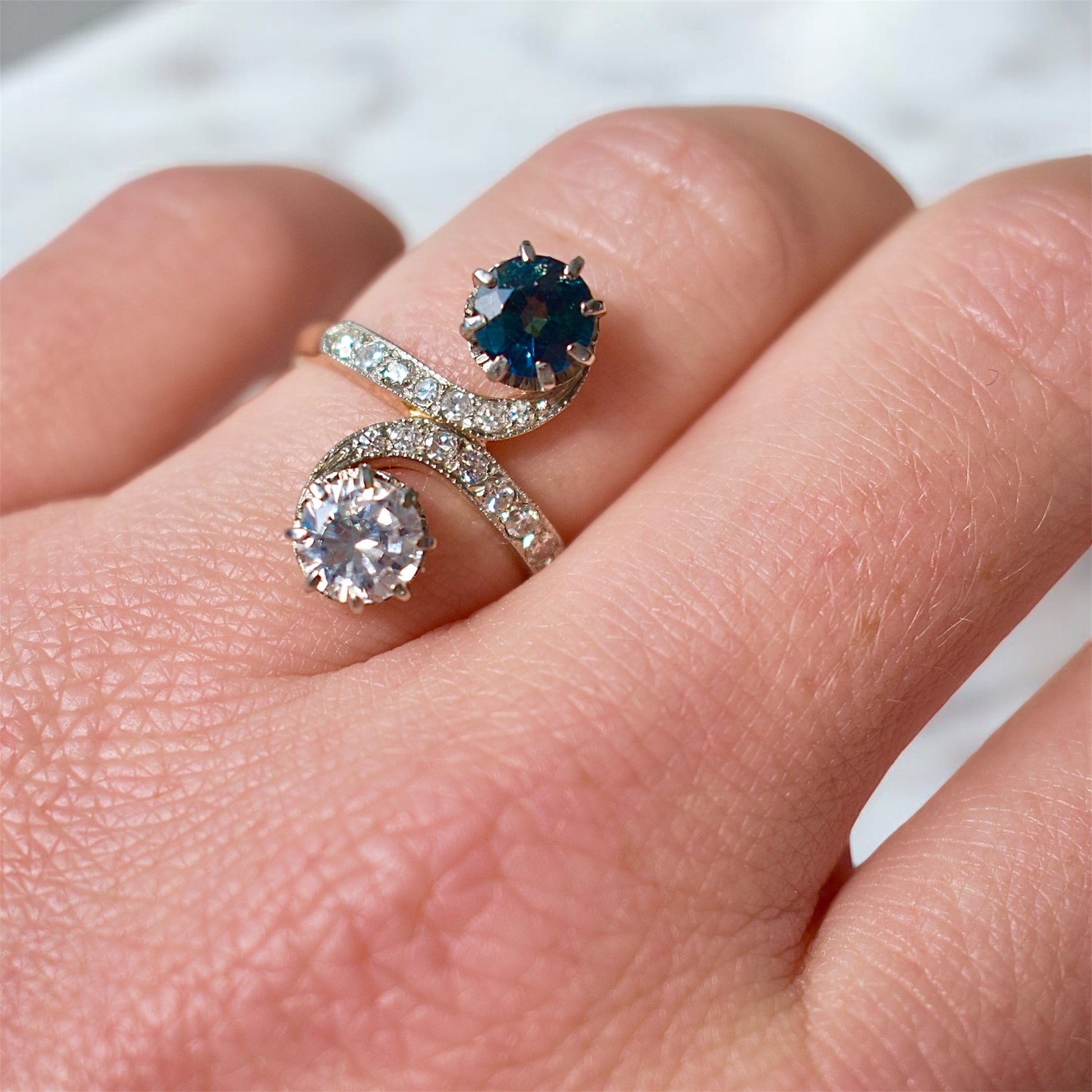 bague toi et moi diamants et saphir, belle époque -