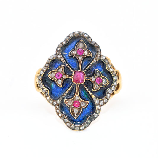 bague blason ancienne or émail rubis et diamants, face