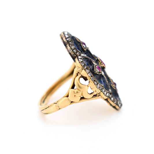 bague blason ancienne or émail rubis et diamants, droit