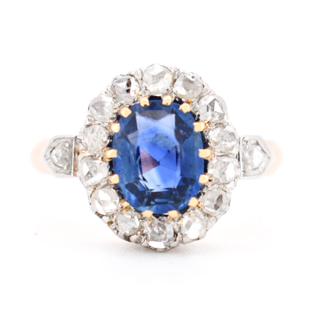 bague de fiançailles ancienne belle époque or saphir naturel diamants, face