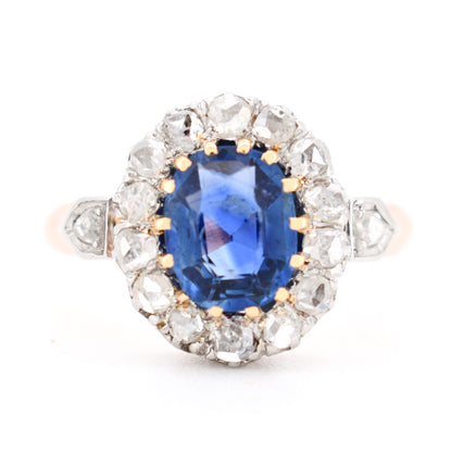 bague de fiançailles ancienne belle époque or saphir naturel diamants, face
