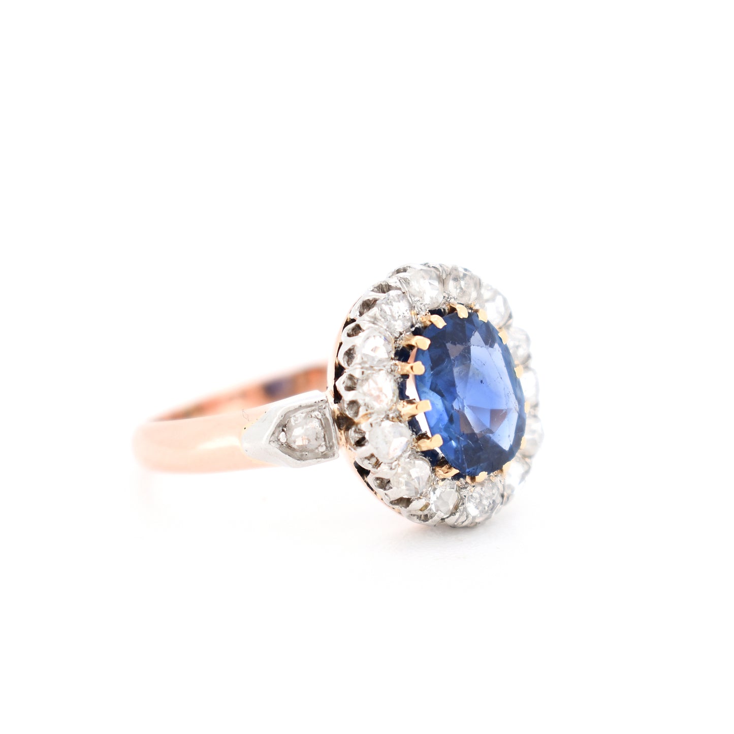 bague de fiançailles ancienne belle époque or saphir naturel diamants, droite