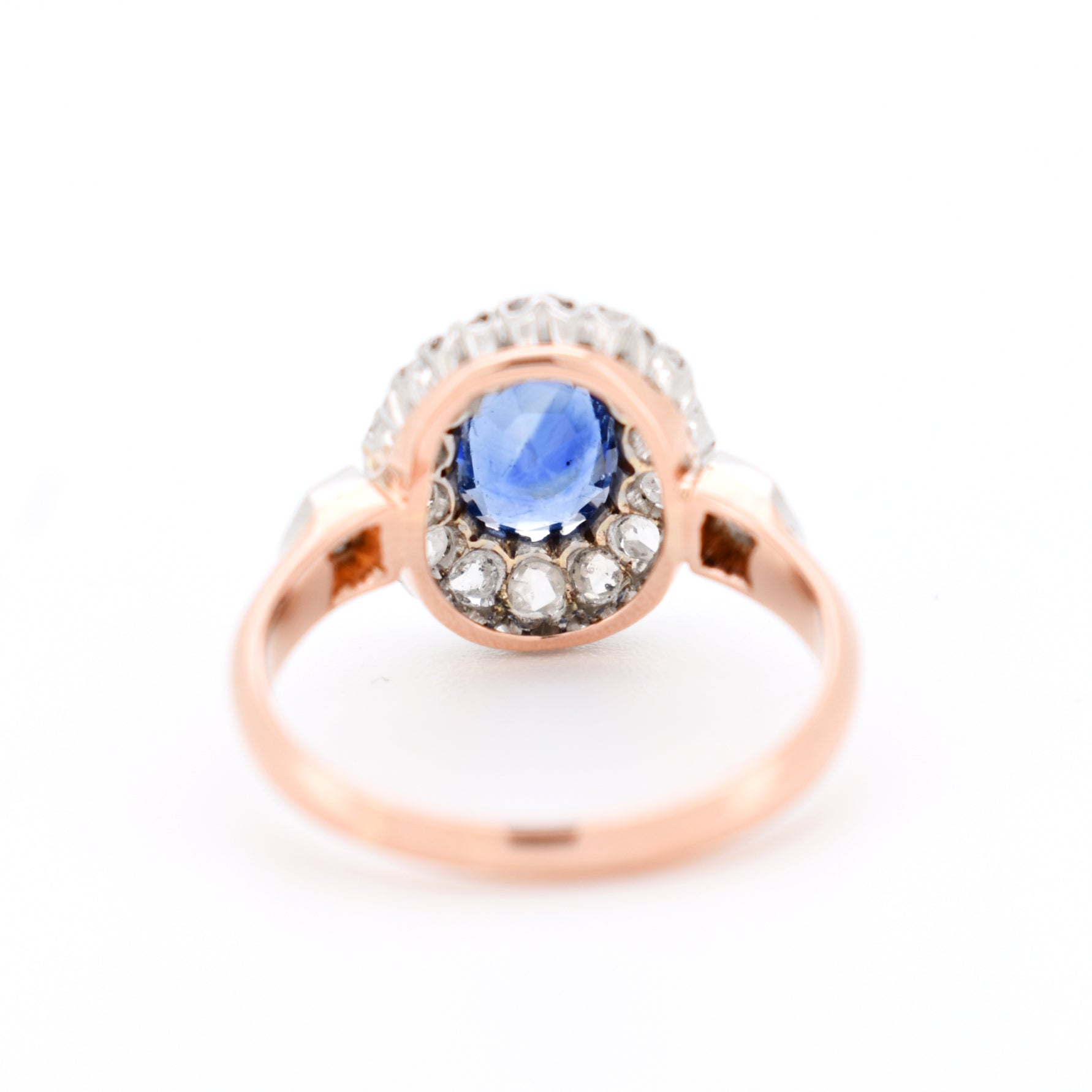 bague de fiançailles ancienne belle époque or saphir naturel diamants, arrière