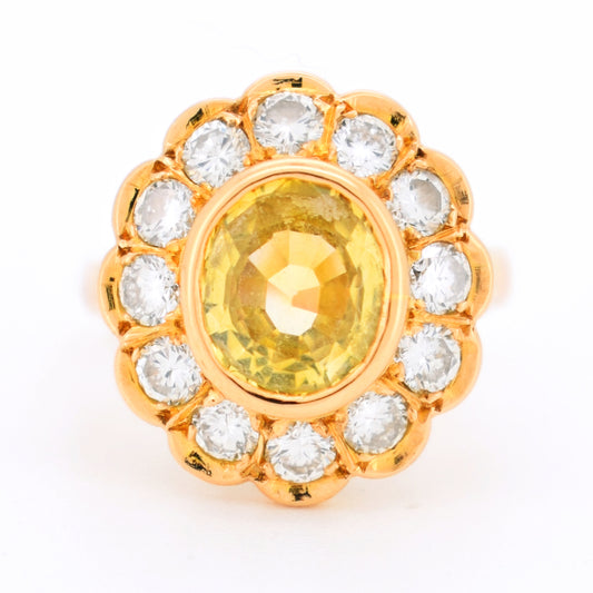 bague vintage marguerite saphir jaune et diamants, de face