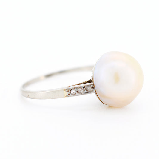 bague femme perle mabé et diamants ancienne, droite
