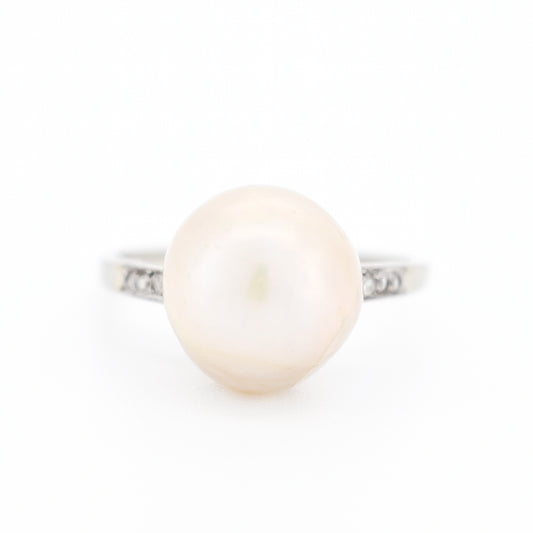 bague femme perle mabé et diamants ancienne, face