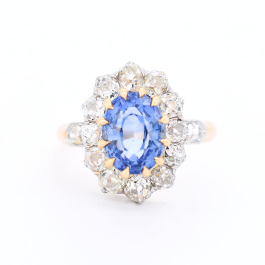 Bague pompadour or saphir ceylan et diamants belle époque, face
