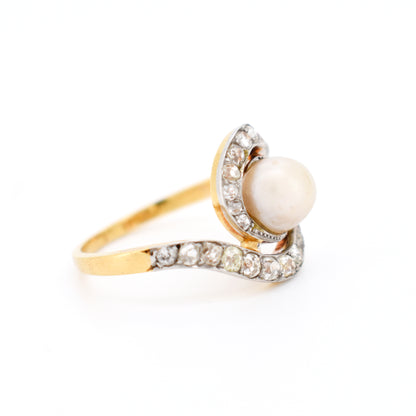 bague tourbillon belle époque or 18 carats platine perle et diamants, droite