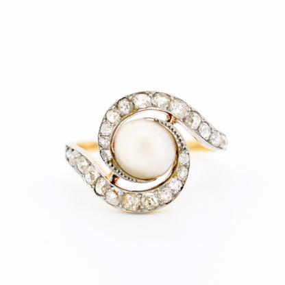 bague tourbillon belle époque or 18 carats platine perle et diamants, face