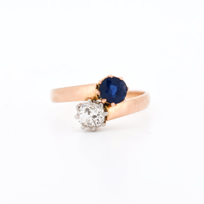 bague ancienne toi et moi or 18 carats saphir et diamants belle époque, face