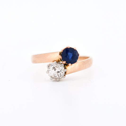 bague ancienne toi et moi or 18 carats saphir et diamants belle époque, face